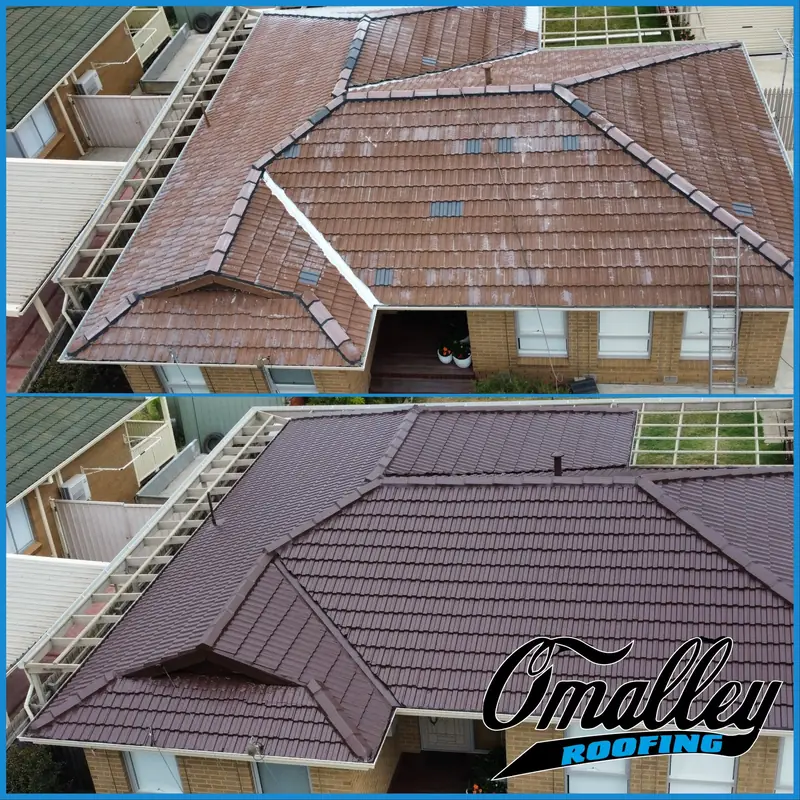Before and after of a tile roof restoration: faded brown tiles on top, deep brown repainted roof below