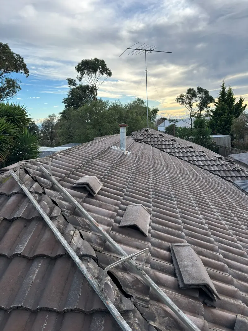 Ridge caps knocked loose and tiles cracked along a roof edge