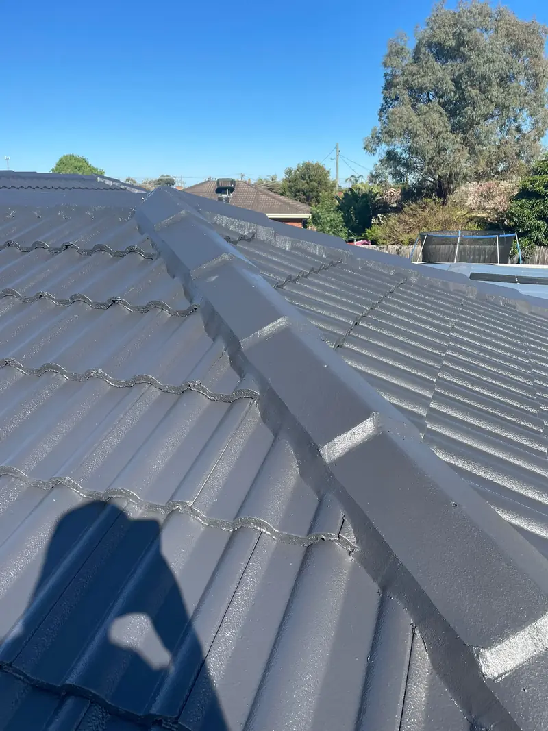 Freshly painted grey ridge capping and tiles under a blue sky