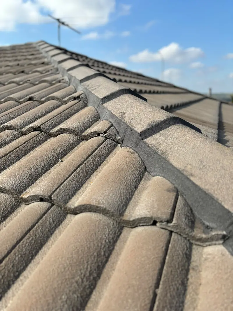 Hip ridge capping with fresh pointing on a concrete tile roof