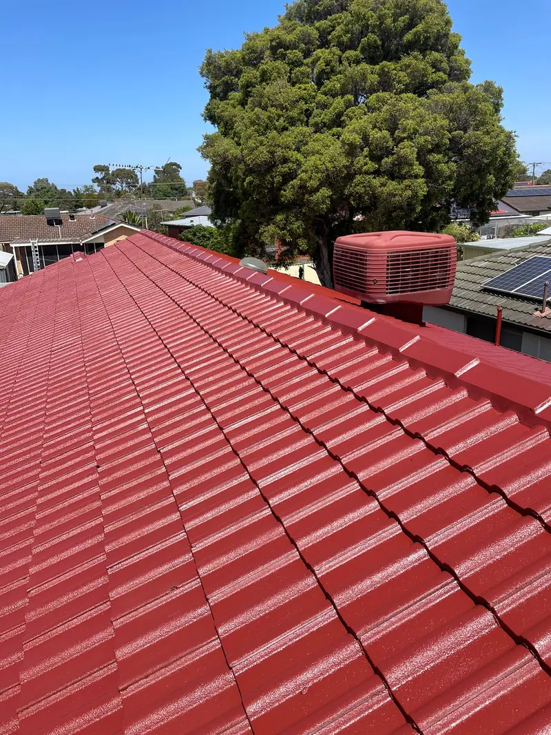 Glossy red painted tile roof with an evaporative cooler and a large tree behind