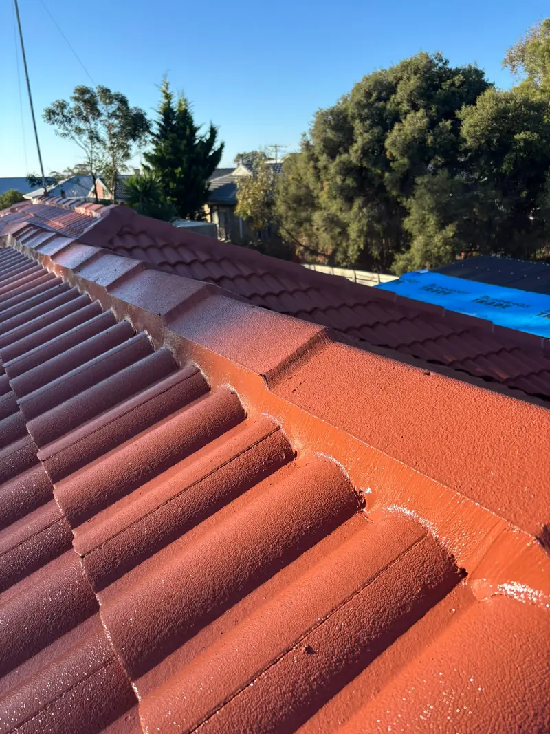 Red and orange glossy painted tile ridge in afternoon light