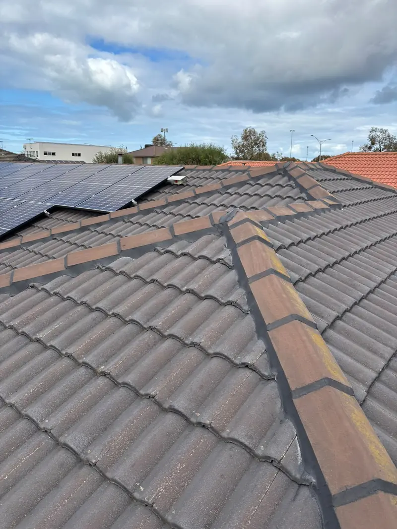 Re-pointed ridge lines on a dark concrete tile roof beside solar panels